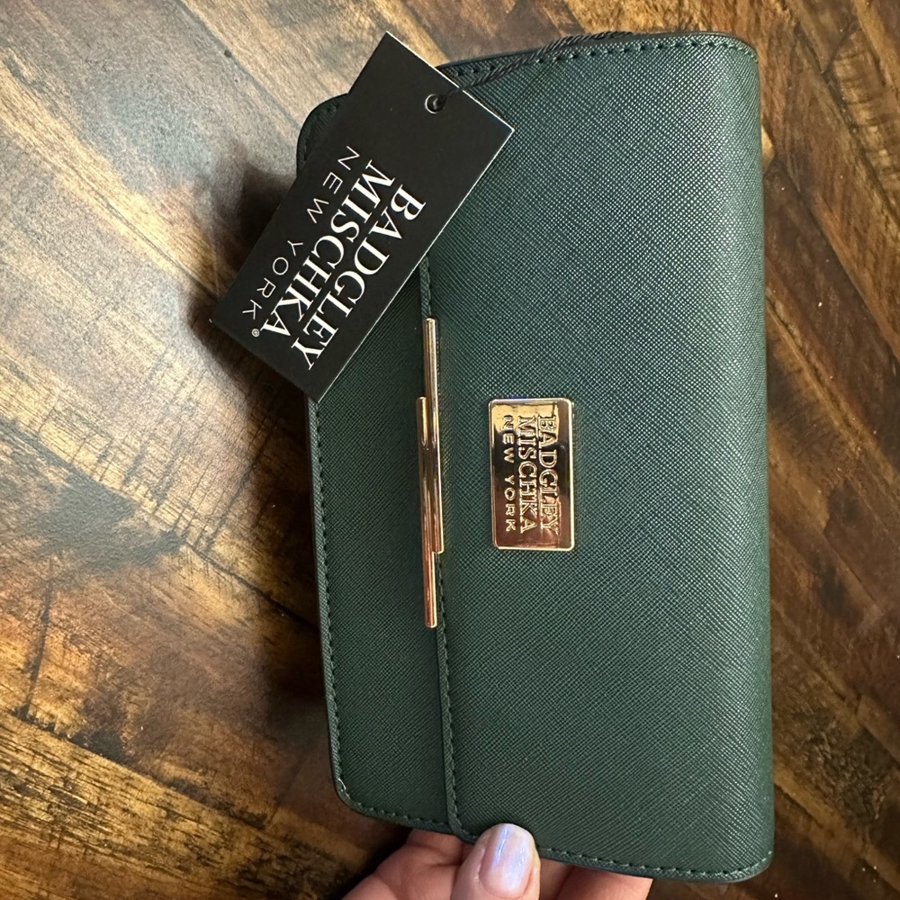 Badgley Mischka Dark Green Clutch with Gold Detail